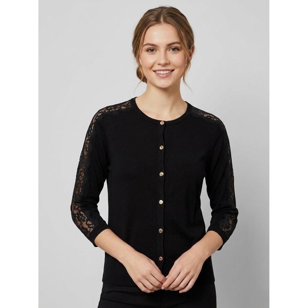Ted Baker London Black Lace Panel Cardigan Rose Gold Buttons Ginahh Size 2 M